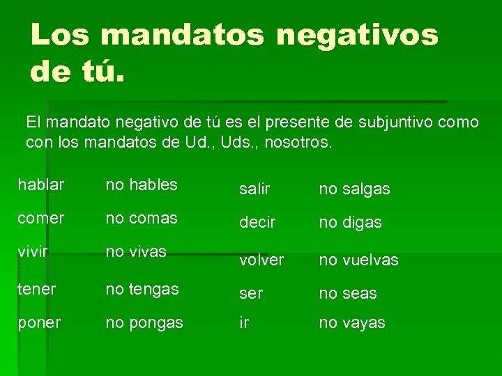 Los mandatos negativos de tú. El mandato negativo de tú es el presente de