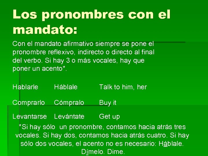 Los pronombres con el mandato: Con el mandato afirmativo siempre se pone el pronombre