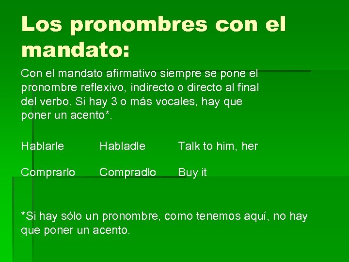Los pronombres con el mandato: Con el mandato afirmativo siempre se pone el pronombre