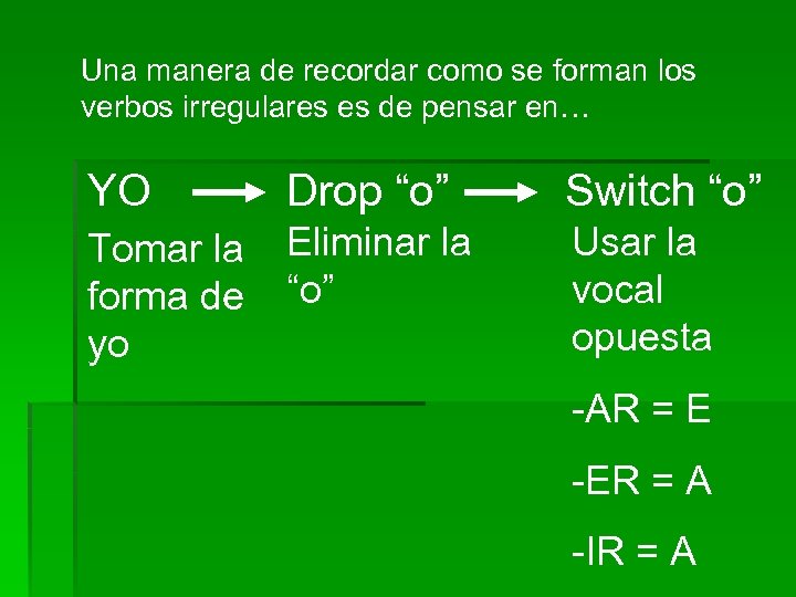 Una manera de recordar como se forman los verbos irregulares es de pensar en…