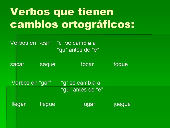 Verbos que tienen cambios ortográficos: Verbos en “-car” sacar saque Verbos en “gar” llegar