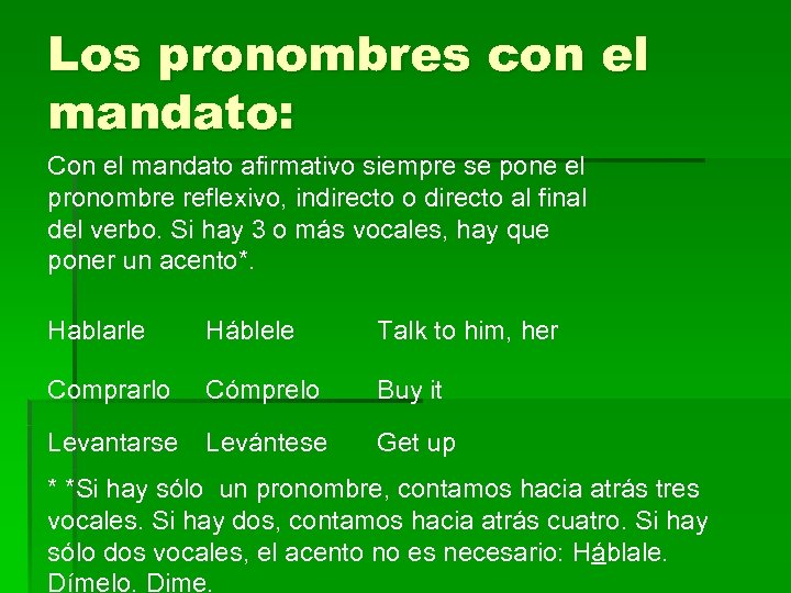 Los pronombres con el mandato: Con el mandato afirmativo siempre se pone el pronombre