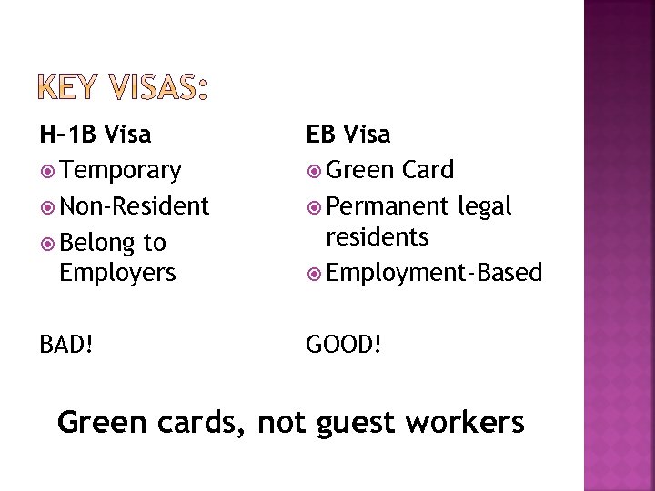 H-1 B Visa Temporary Non-Resident Belong to Employers EB Visa Green Card Permanent legal