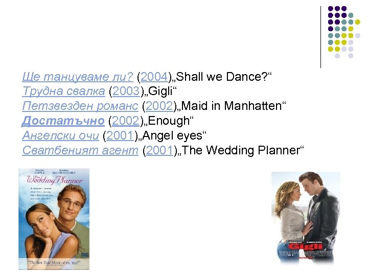 Ще танцуваме ли? (2004)„Shall we Dance? “ Трудна свалка (2003)„Gigli“ Петзвезден романс (2002)„Maid in