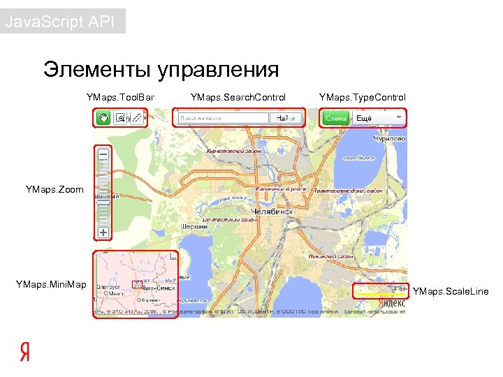 Java. Script API Элементы управления YMaps. Tool. Bar YMaps. Search. Control YMaps. Type. Control