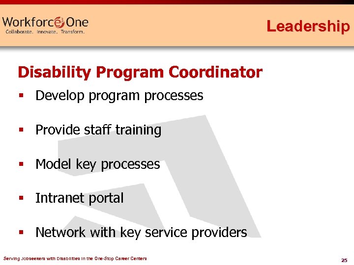 Leadership Disability Program Coordinator § Develop program processes § Provide staff training § Model