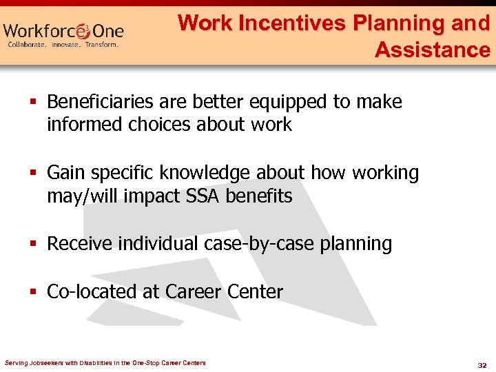 Work Incentives Planning and Assistance § Beneficiaries are better equipped to make informed choices