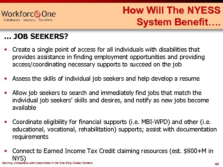 How Will The NYESS System Benefit…. … JOB SEEKERS? § Create a single point