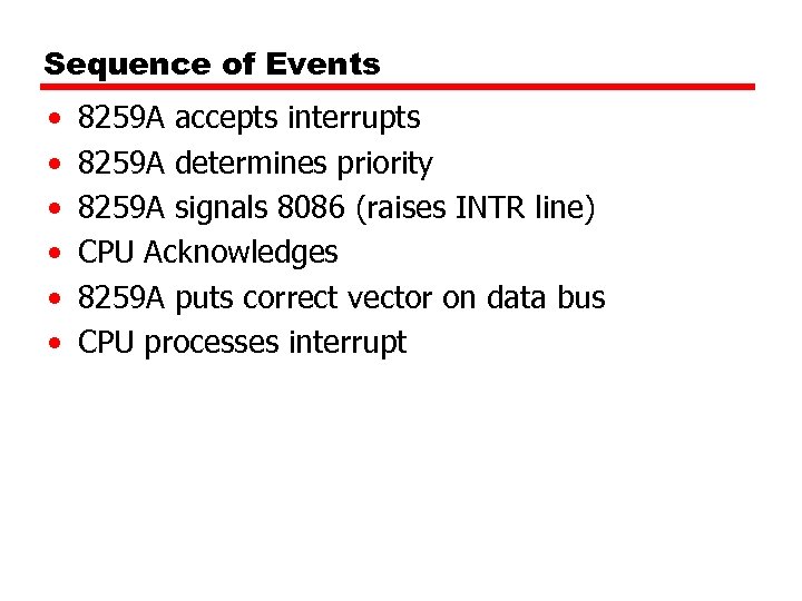 Sequence of Events • • • 8259 A accepts interrupts 8259 A determines priority