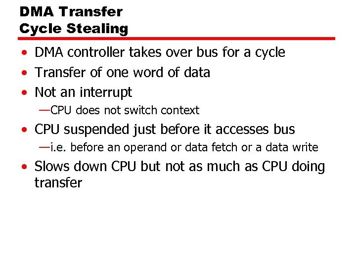 DMA Transfer Cycle Stealing • DMA controller takes over bus for a cycle •