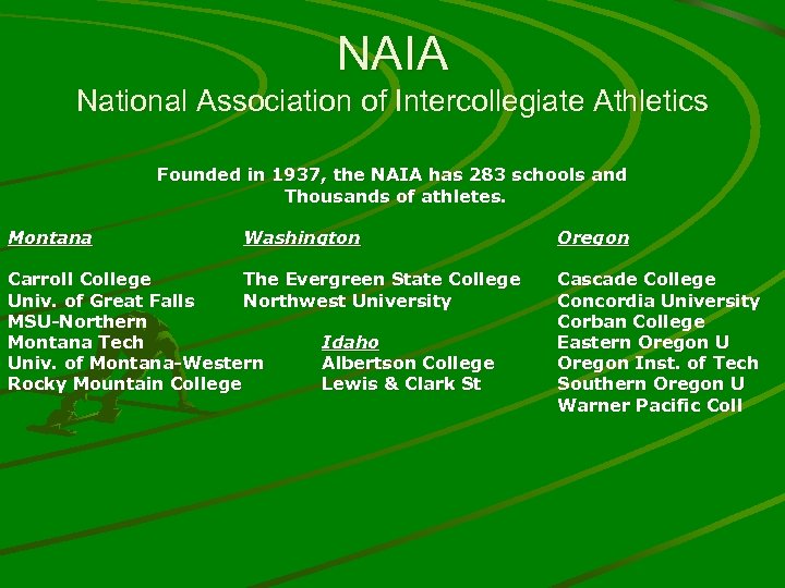 NAIA National Association of Intercollegiate Athletics Founded in 1937, the NAIA has 283 schools