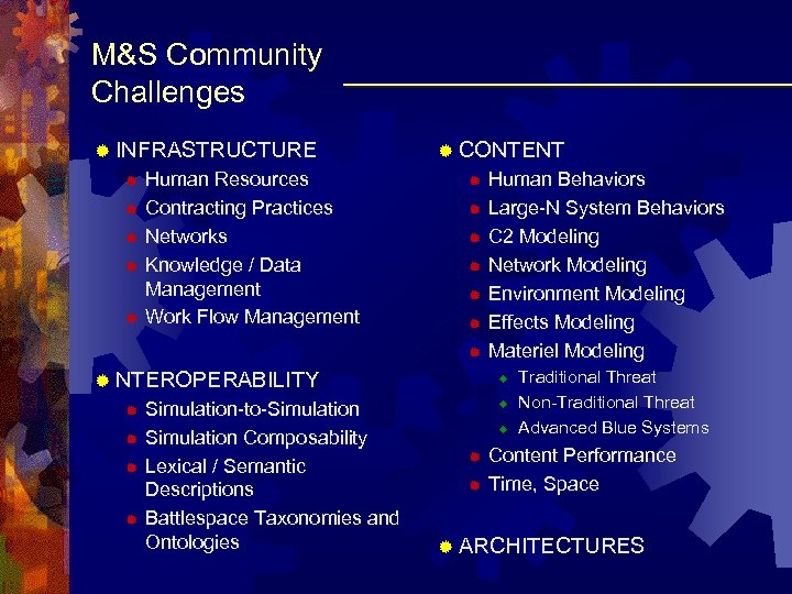 M&S Community Challenges ® INFRASTRUCTURE ® ® ® Human Resources Contracting Practices Networks Knowledge