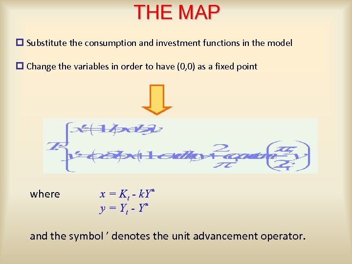 THE MAP p Substitute the consumption and investment functions in the model p Change