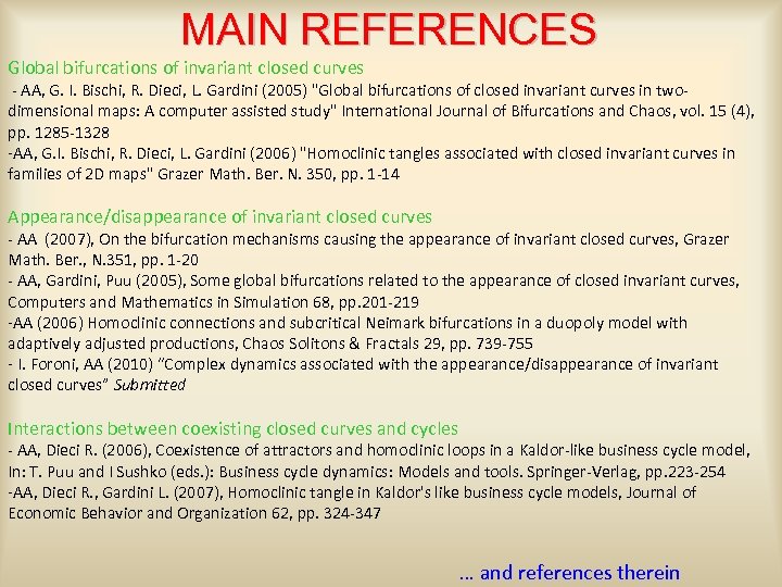 MAIN REFERENCES Global bifurcations of invariant closed curves - AA, G. I. Bischi, R.