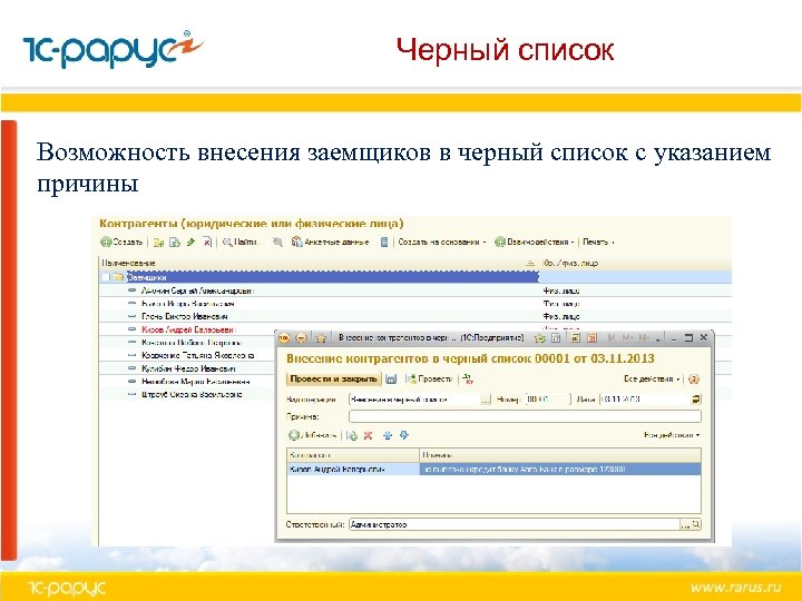 Черный список Возможность внесения заемщиков в черный список с указанием причины 