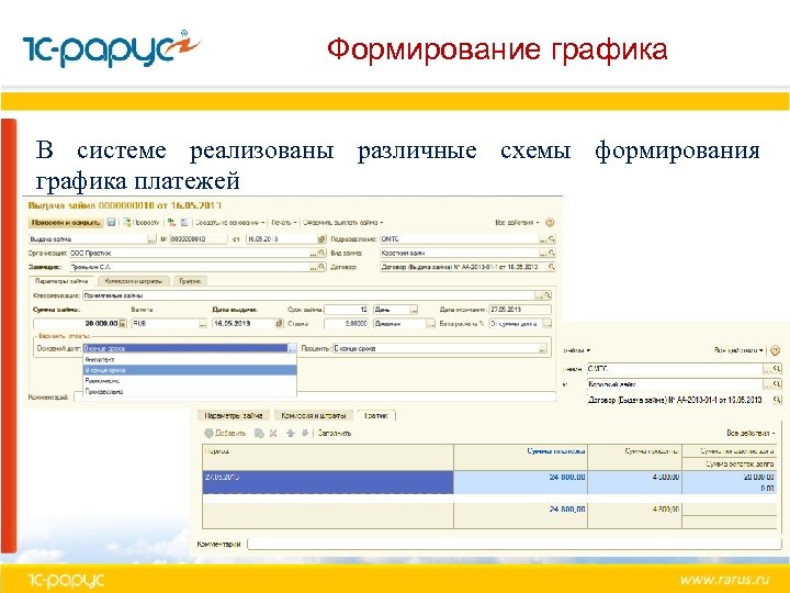 Формирование графика В системе реализованы различные схемы формирования графика платежей 