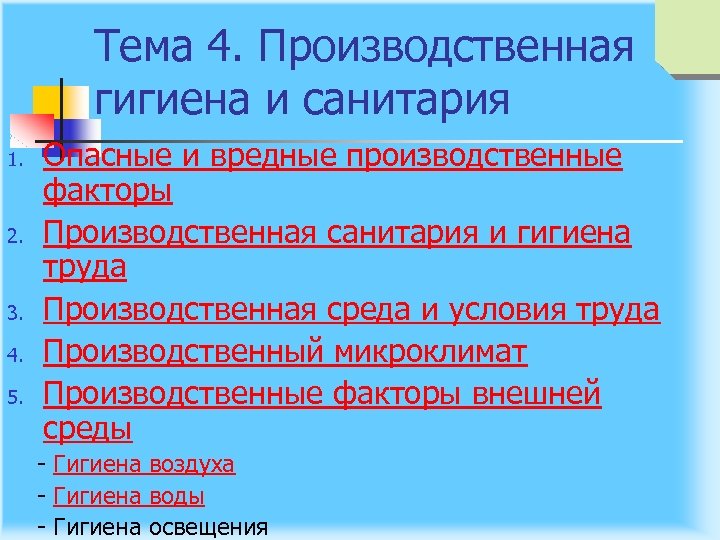 Тема 4. Производственная гигиена и санитария 1. 2. 3. 4. 5. Опасные и вредные