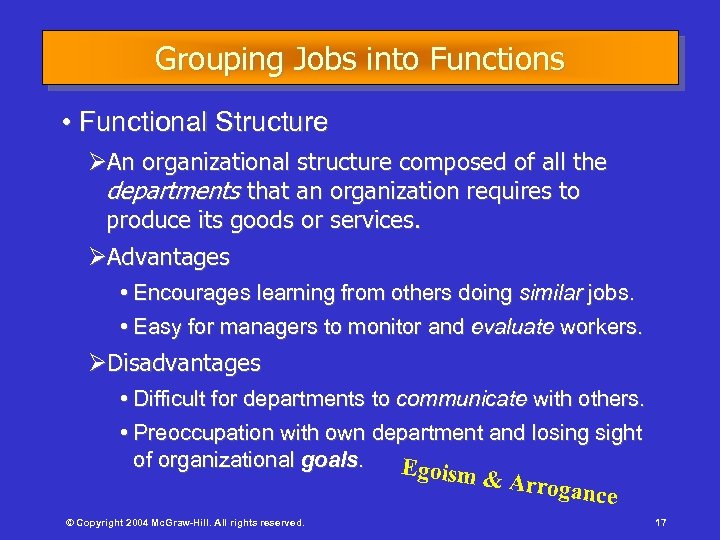 Grouping Jobs into Functions • Functional Structure ØAn organizational structure composed of all the