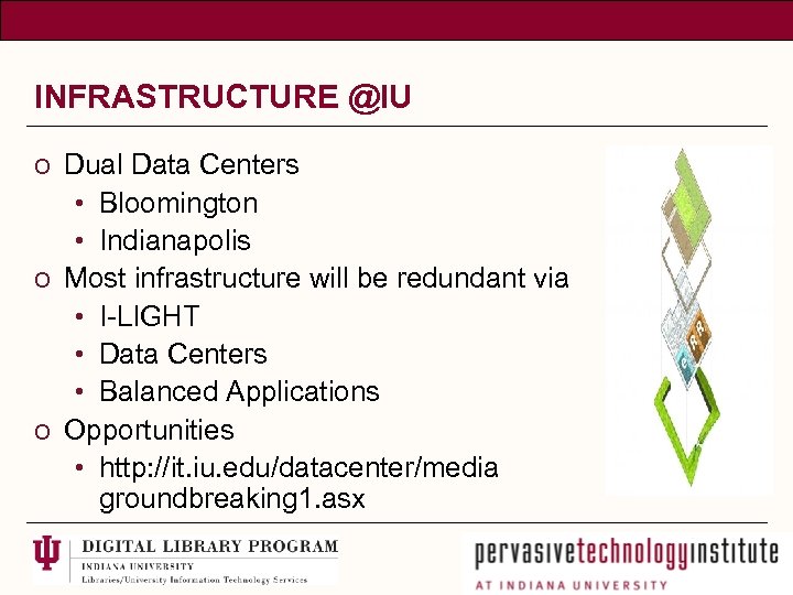 INFRASTRUCTURE @IU o Dual Data Centers • Bloomington • Indianapolis o Most infrastructure will