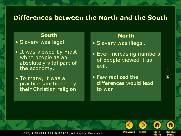 Differences between the North and the South • Slavery was legal. North • Slavery