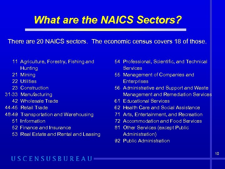 What are the NAICS Sectors? There are 20 NAICS sectors. The economic census covers