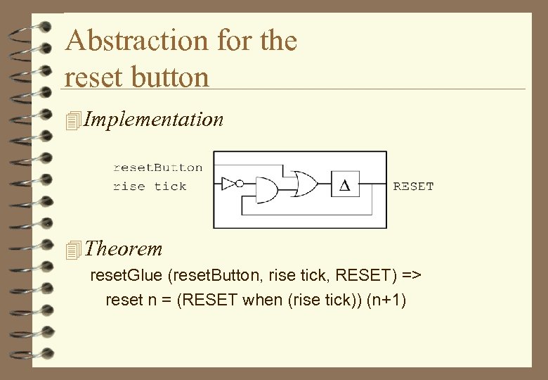 Abstraction for the reset button 4 Implementation 4 Theorem reset. Glue (reset. Button, rise