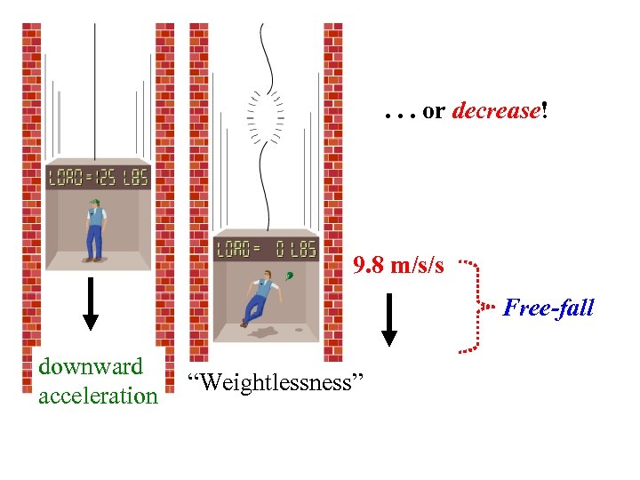 . . . or decrease! 9. 8 m/s/s Free-fall downward acceleration “Weightlessness” 