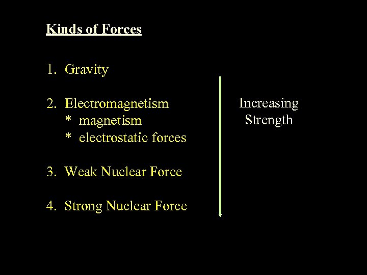 Kinds of Forces 1. Gravity 2. Electromagnetism * electrostatic forces 3. Weak Nuclear Force