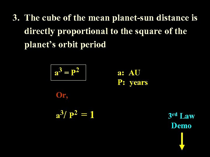 3. The cube of the mean planet-sun distance is directly proportional to the square