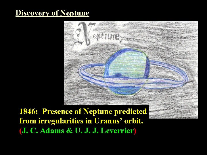 Discovery of Neptune 1846: Presence of Neptune predicted from irregularities in Uranus’ orbit. (J.