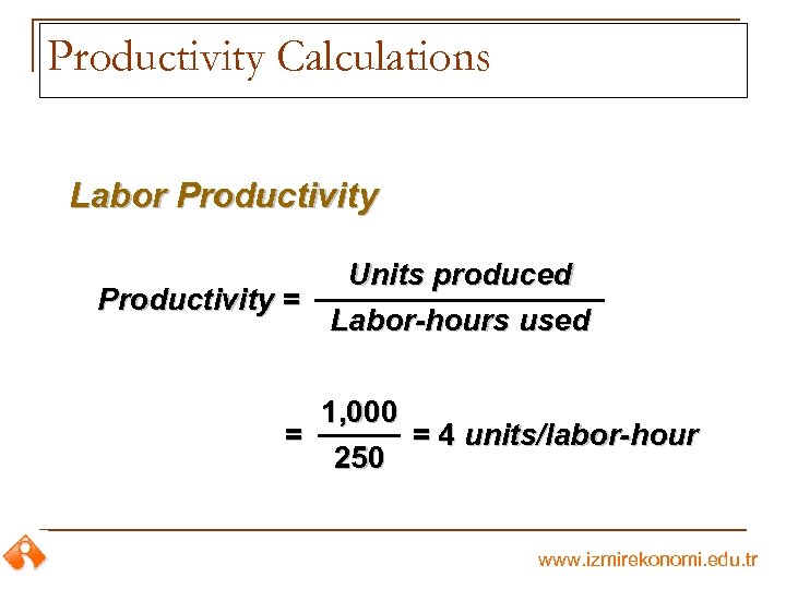 Productivity Calculations Labor Productivity Units produced Productivity = Labor-hours used 1, 000 = =