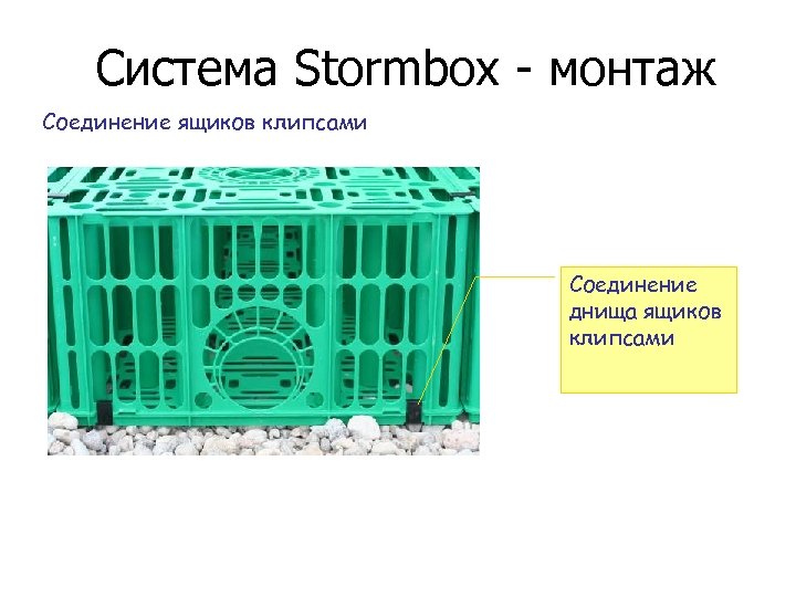 Система Stormbox - монтаж Соединение ящиков клипсами Соединение днища ящиков клипсами 
