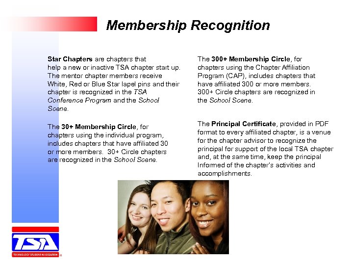 Membership Recognition Star Chapters are chapters that help a new or inactive TSA chapter