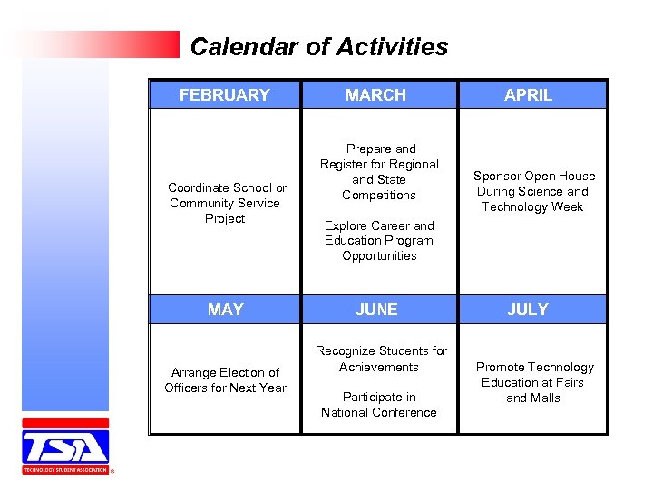 Calendar of Activities FEBRUARY MARCH APRIL Prepare and Coordinate School or Community Service Project