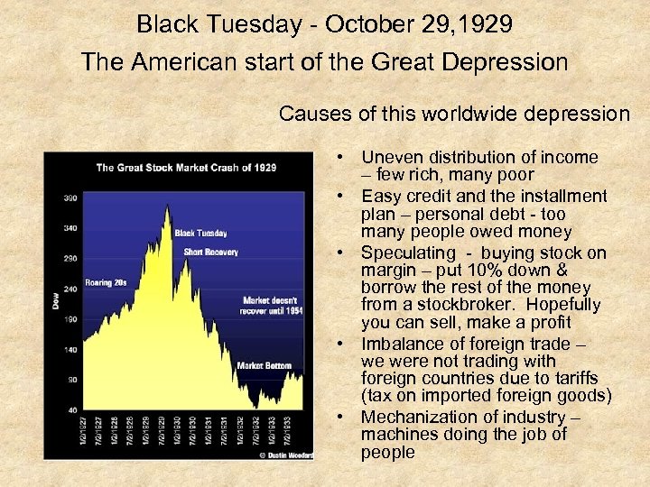 Black Tuesday - October 29, 1929 The American start of the Great Depression Causes