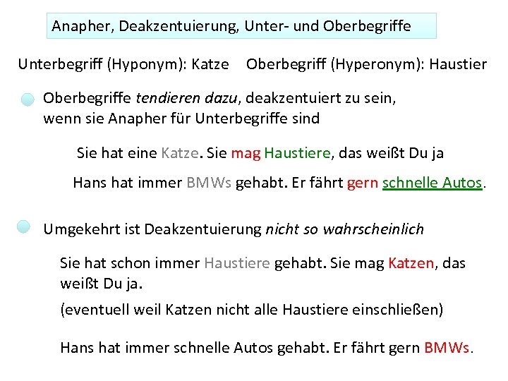 Anapher, Deakzentuierung, Unter- und Oberbegriffe Unterbegriff (Hyponym): Katze Oberbegriff (Hyperonym): Haustier Oberbegriffe tendieren dazu,