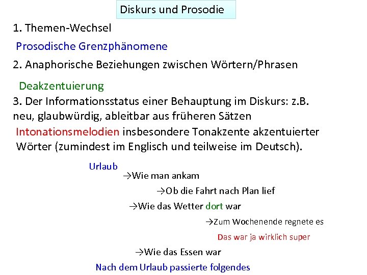 Diskurs und Prosodie 1. Themen-Wechsel Prosodische Grenzphänomene 2. Anaphorische Beziehungen zwischen Wörtern/Phrasen Deakzentuierung 3.