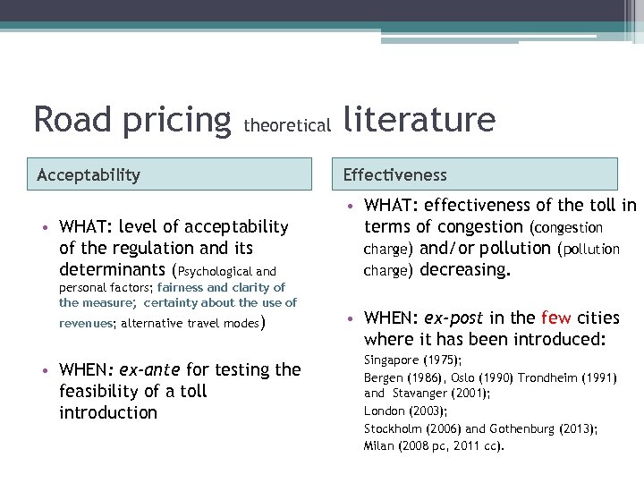 Road pricing theoretical literature Acceptability Effectiveness • WHAT: level of acceptability of the regulation