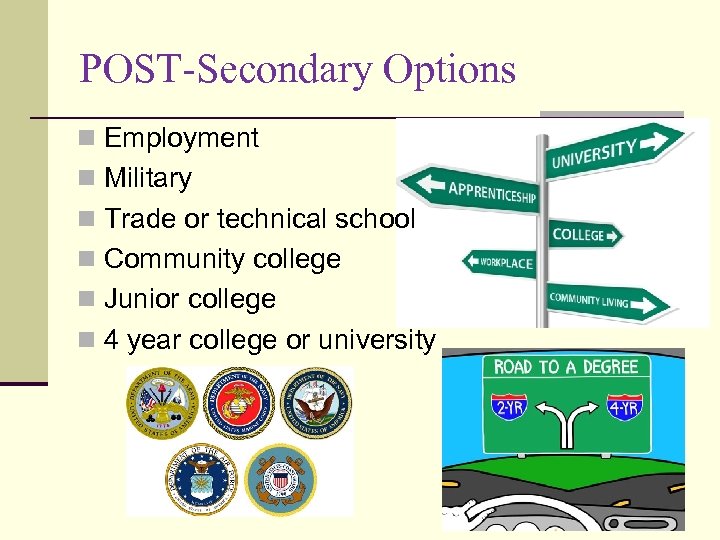 POST-Secondary Options n Employment n Military n Trade or technical school n Community college