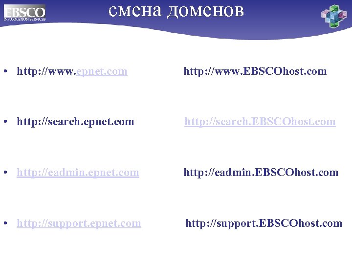 смена доменов • http: //www. epnet. com http: //www. EBSCOhost. com • http: //search.