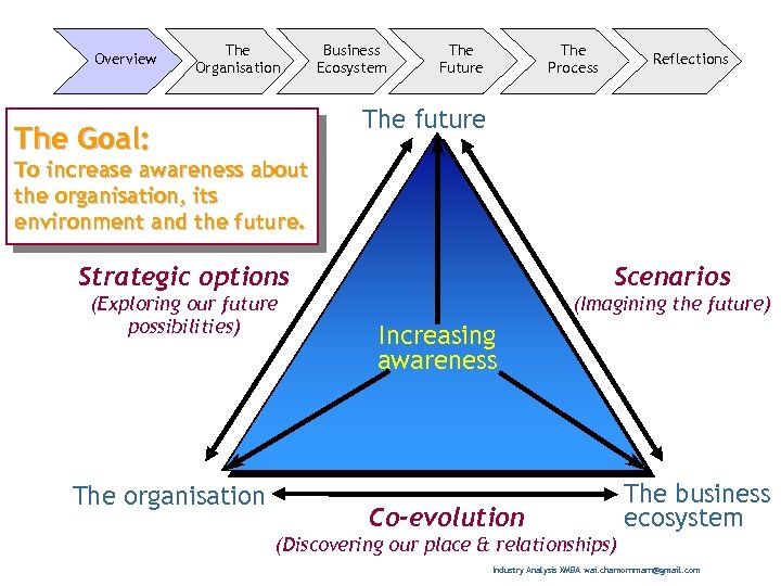 Overview The Organisation Business Ecosystem The Future The Process Reflections The future The Goal: