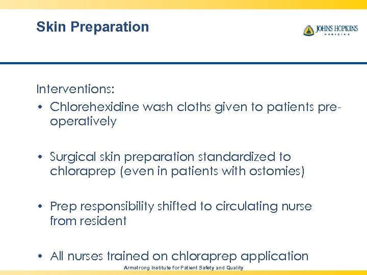 Skin Preparation Interventions: • Chlorehexidine wash cloths given to patients preoperatively • Surgical skin