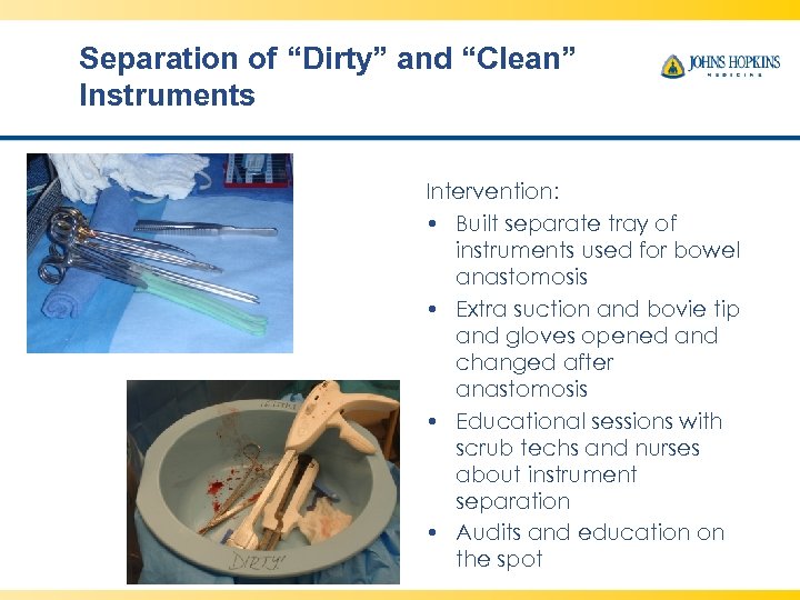 Separation of “Dirty” and “Clean” Instruments Intervention: • Built separate tray of instruments used