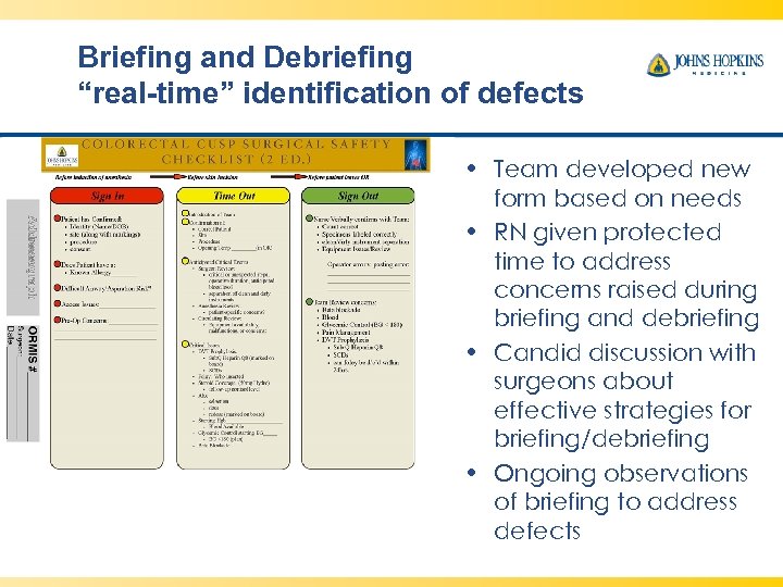 Briefing and Debriefing “real-time” identification of defects • Team developed new form based on