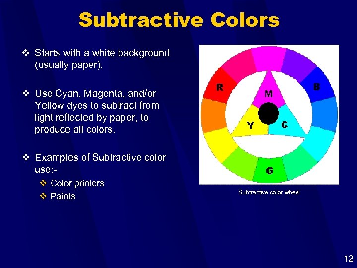 Subtractive Colors v Starts with a white background (usually paper). v Use Cyan, Magenta,