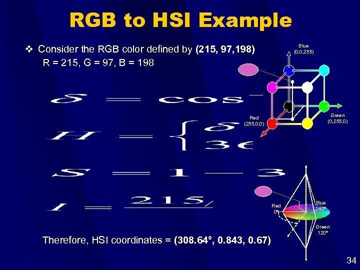 RGB to HSI Example Blue (0, 0, 255) v Consider the RGB color defined