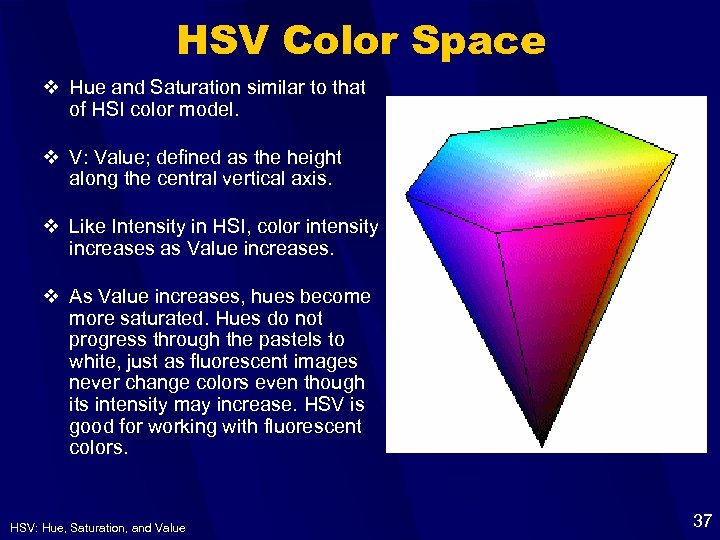 HSV Color Space v Hue and Saturation similar to that of HSI color model.