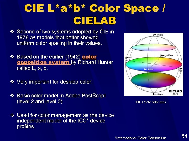 CIE L*a*b* Color Space / CIELAB v Second of two systems adopted by CIE