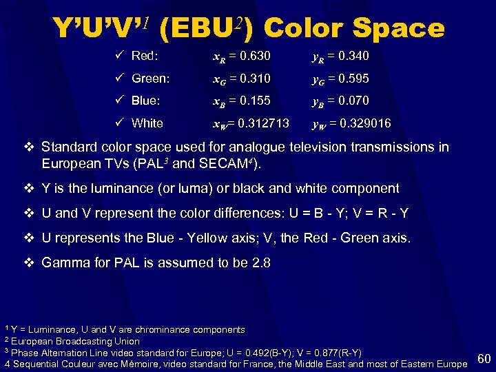 Y’U’V’ 1 (EBU 2) Color Space ü Red: x. R = 0. 630 y.