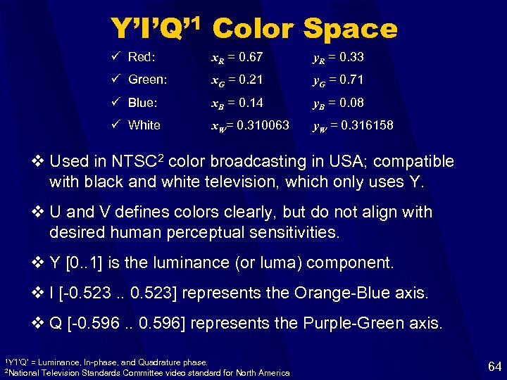 Y’I’Q’ 1 Color Space ü Red: x. R = 0. 67 y. R =